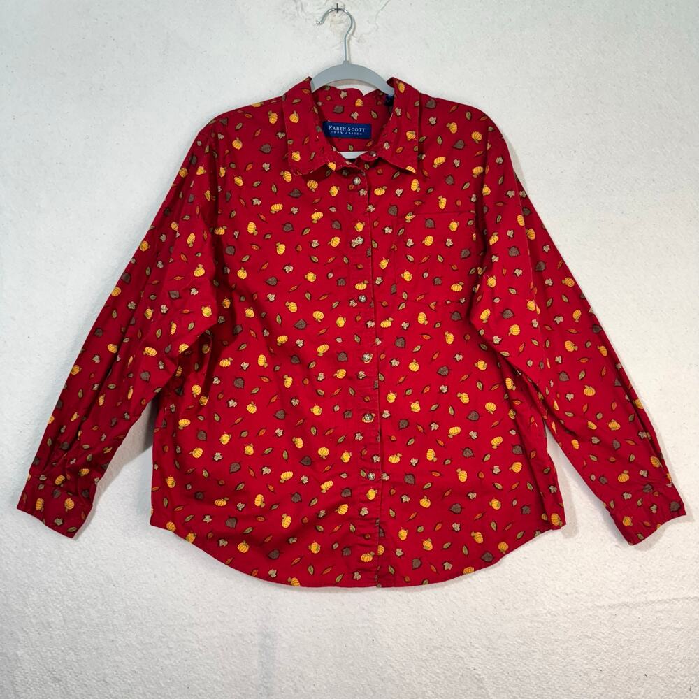 Karen Scott Fall Leaf & Harvest Pumpkin Print Red Button-Up Cotton Shirt X-Large